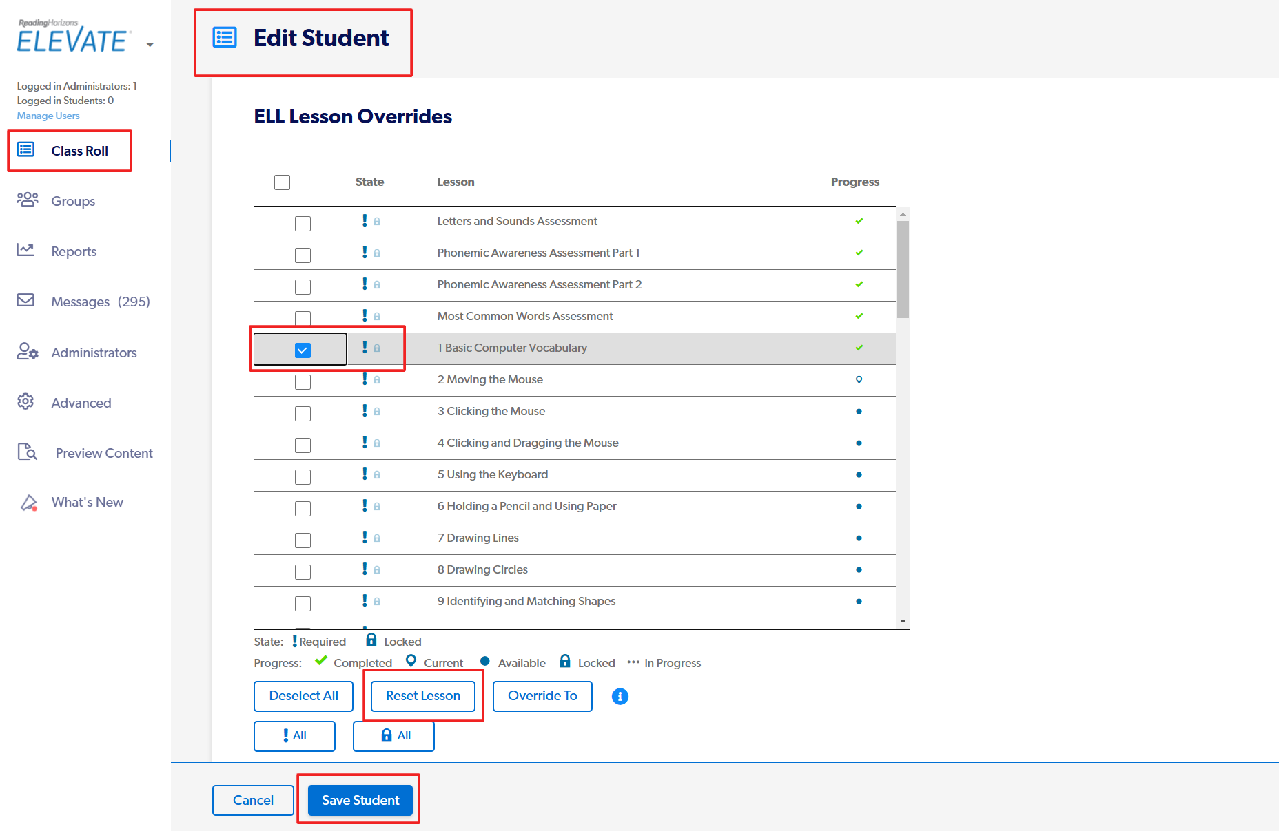Resetting lessons in Launch Pad